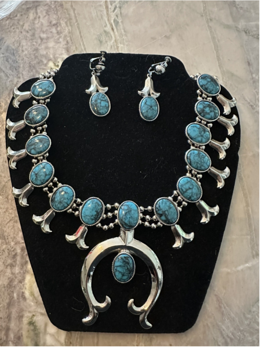 Vtg Goldette Signed Squash Blossom Necklace& Earring Set Turquoise blue silver - Picture 6 of 8